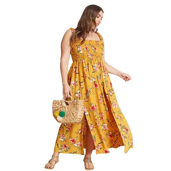 Naujas Elegantiškas Moterų Suknelė Gėlių Spausdinti Geltonos spalvos Medvilnės didelio Dydžio, Suknelė 4XL Vasaros Diržas moterų plius dydžio Panele Paplūdimio Vestidos Dreses