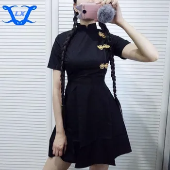 Naujas Moterų Suknelė Harajuku Mielas mados suknelė Mandarinų apykaklės Derliaus Gothic Lolita Suknelės Juodas Raudonas Plonas Kinų Stiliaus Cheongsam