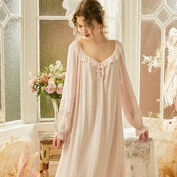 Naujas Vintage White /Pink Viskozė Moterų Ilgai Nightgowns Prarasti Plius naktiniai drabužiai Elegantiškas Rudenį, Pavasarį Patogiai Ilgą Naktį Suknelė 147340
