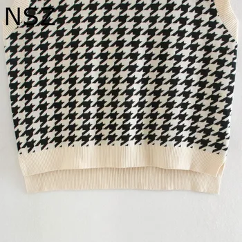 NSZ moterų preppy stilius negabaritinių rankovių houndstooth megztinis liemenė asimetrija megztiniai striukė kailio pledas bako viršuje liemenė traukti 95956