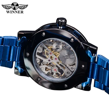 Nugalėtojas Skaidrus Deimantas, Mechaninė Žiūrėti Mėlyna Nerūdijančio Plieno Skeletas Žiūrėti Top Brand Prabangių Verslo Šviesos Vyrų Laikrodis