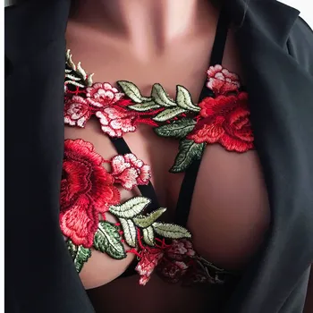 PINKSEE Seksualus Spalvinga Gėlių Siuvinėjimas apatinis Trikotažas Elastingas Diržas Kirtimo Bikini Liemenėlė Karoliai, Papuošalai Dydis S/M/L/XL