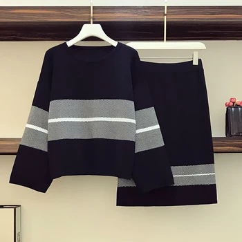 Plus size Rudenį megzti Nustatyti Moters Kostiumai dryžuotas kratinys pullover Sweater + Pieštuku Sijonas Rinkinys Moterims, Drabužiai, 2 dalių Rinkinys