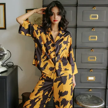 Prancūzijos derliaus geltona pižama moterims, aukštos kokybės šilko namų drabužiai tiktų nustatyti moterų rudenį ilgomis rankovėmis sleepwear naktiniai drabužiai 27956
