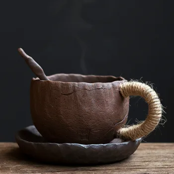 Rankų darbo storio keramikos puodelis su dangteliu šaukštas kūrybos kaklaraištis virvę keramikos didelės talpos Japonijos kavos puodelį, puodelių