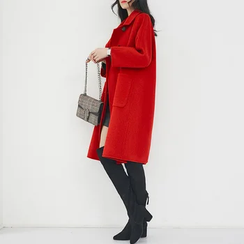 Raudona dvipusis kašmyro paltą moteriai naujas 2020 dvigubai drauge vilnos zylė yra purus audinys kailis 9606