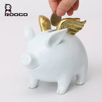 ROOGO taupyklė kiaulių kiaule taupykle monetų, pinigų, vaikas Auksinis talismanas su sparno ornamentas, namų dekoravimo reikmenys, monetos organizatorius 4835