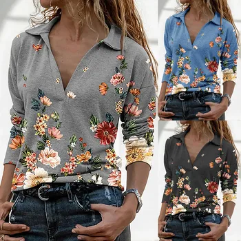 Rudenį 2020 m. Moteris marškinėlius Mados 2020 Gėlių Spausdinti išjunk V-kaklo, ilgomis Rankovėmis Megztinis Viršūnės T-shirt Blusas Mujer De Moda 2020 m. 187299