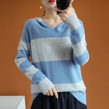 Rudenį ir žiemą naujas moterų prarasti grynos vilnos megztinis ilgomis rankovėmis megzti dryžuotas su gobtuvu kašmyro megztinis Aukštos klasės mados 60624