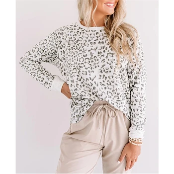 Rudenį Leopard Print Long Sleeve Top, Apvalios Kaklo Laisvi, Baltos Bazės Moterų Megztinis, Namų Atsitiktinis marškinėliai, Lady Sporto Street Wear