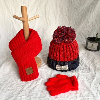Rudenį, žiemą kūdikių skrybėlę šalikas pirštinės nustatyti Vaikų šiltas vilnos skrybėlę kaklo wrap Berniukų ir mergaičių gražių mezgimo vilnos kepurės ir šalikai