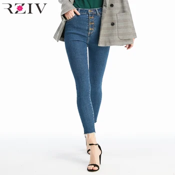 RZIV aukštos kokybės moterų džinsus ir aukšto juosmens mygtuką skristi džinsinio liesas džinsus ruožas pieštuku kelnės