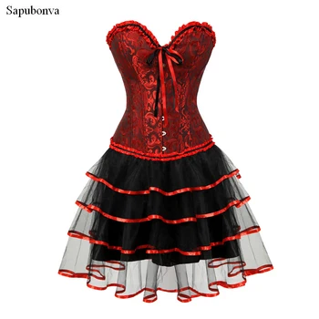 Sapubonva korsetai moterų plius dydis Parodijos kostiumas overbust korsetai suknelė su tutu sijonas raudona ir juoda corselet mados 87419