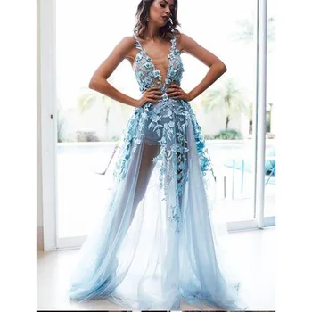 Seksualus Mėlynos spalvos Tiulio Ilgai Prom Dresses 2019 Naują Atvykimo Sexy V kaklo Ilustion Gėlė ypatinga Proga Vakare Chalatai Užsakymą