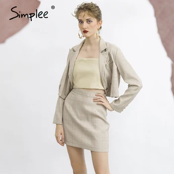 Simplee Dviejų dalių atsitiktinis pledas moterims, Elegantiška suknelė ilgomis rankovėmis mygtuką sijonas kostiumai-line įpjovomis office lady autumnn kostiumai 2020 m.