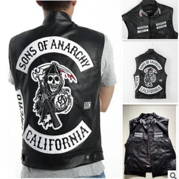 Sons Of Anarchy Siuvinėjimo Odos Rock, Punk Vest Cosplay Kostiumas Juodos Spalvos Motociklo Striukė Be Rankovių 7743