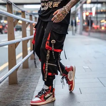 Streetwear Vyrai Gatvės Stiliaus Mados Kelnės Naujausias Juostelės Juodos Haremo Kelnės Juostelės Hip-Hop Vyrų Atsitiktinis Sweatpants Poilsiu Kelnės 8628