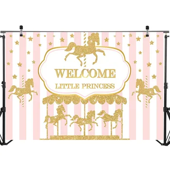 Sveiki Mažoji Princesė Baby Shower Fone Aukso Karuselė Baby Shower Nuotrauka Fone Rausva Balta Juostele Fotografijos Backdrops 71304