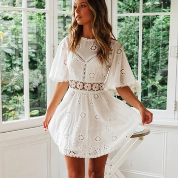 TEELYNN nėrinių suknelė balta boho medvilnės Gėlių siuvinėjimas vasaros suknelės moterims vestidos trumpomis rankovėmis mini suknelė paplūdimio Bohemijos