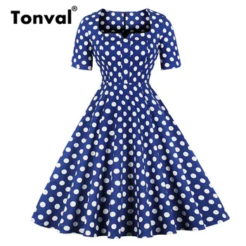 Tonval Aikštėje Apykaklės Elegantiškas Polka Dot Mėlyna Vasaros Suknelė Moterims Aukšto Juosmens Retro Medvilnės Suknelės, Rockabilly Vintage Suknelė