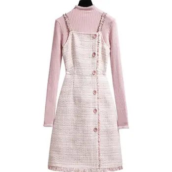 Tvido Vilnos korėjos suknelė moterims 2 dalių komplektas žiemos suknelė elegantiškas ponios megzti megztinis nustatyti-line trumpą suknelę 2 komplektus gabalas