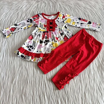 Vaikai drabužių ūkio atsitiktinis suknelės ilgomis rankovėmis mielas dizainas kūdikių mergaičių raudonas kelnes raukiniai komplektai