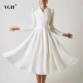 VGH Elegantiškas Ruched Dress Moterų V-Kaklo, ilgomis Rankovėmis Aukštos Juosmens Kietas 
