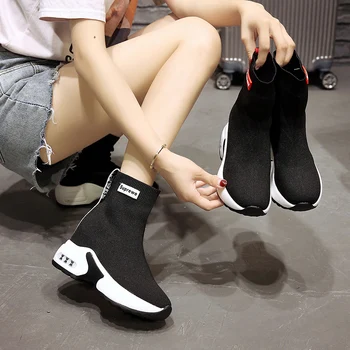 Vidinis aukštis kojinės batai moterims rudenį korėjos versija 2019 m storio apačioje aukšto viršų mažas trumpi batai megzti elastinga, plonos kojinės ir batai 110558