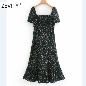 Zevity Naujas Moterų derliaus gėlių spausdinti padalinta midi suknelė moterų sluoksniuotos rankovėmis klostes atsitiktinis slim vestidos elegantiškos Suknelės, šaliai, DS4196 2294