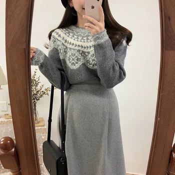 2 spalvų 2019 žiemos korėjos stilius derliaus christimas sniego šiltas megzti moteriški megztiniai megztiniai ir puloveriai (C9185)