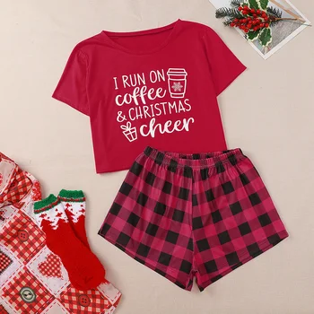 2020 Atsitiktinis Juokingas Kalėdų Laiškas Spausdinti Trumpomis Rankovėmis Marškinėlius Pledas Šortai Kalėdų Moterų Pajama Komplektai Dropshipping
