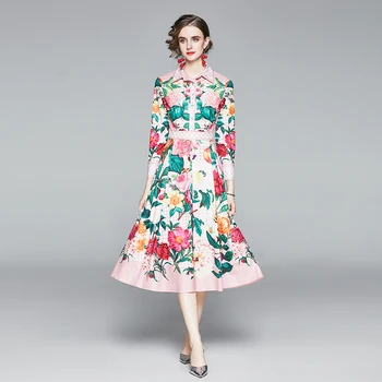 2020 kilimo ir tūpimo Tako Rudenį Pasukite žemyn Apykaklės Suknelė Moterims Prabanga Juoda Rožinės spalvos Pledas Gėlių Spausdinti ilgomis Rankovėmis Elegantiška Vintage Midi Suknelė