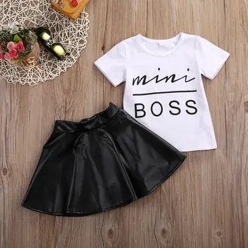 2020 Mini Boss Kūdikių Mergaičių Drabužius Vasarą trumpomis Rankovėmis T-shirt Viršūnes + Odinis Sijonas Mergaitėms, Drabužiai Tiktų Bamblys Mergaičių Drabužių Rinkinys
