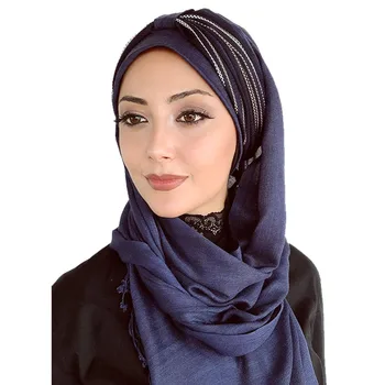2020 Naujas Moda Hijab Müslüman Başörtüsü Islami Sonbahar Kış Şapka Fular Türban Lacivert Beyaz Çizgili Büzgü Detaylı Hazır Şal