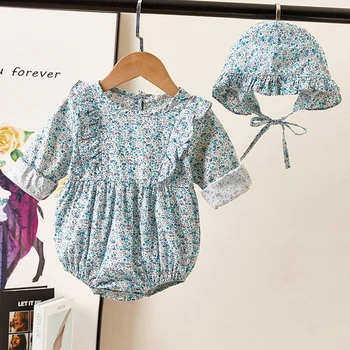 2020 Naujų Rudens Kūdikių Mergaičių Medvilnės Ilgomis Rankovėmis Romper Naujagimiui Mergina Jumpsuit Bamblys Mergina Gėlių Romper+Hat Korėjos Stiliaus