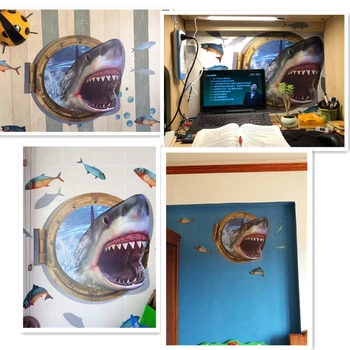 3D Ryklys Sienos Lipdukas Laukinių Gyvūnų Vandenyno Krekingo Sienos Menas, Lipdukas Berniukas Mergaičių Miegamasis Povandeninį Pasaulį Decal Freskos Namų Dekoro
