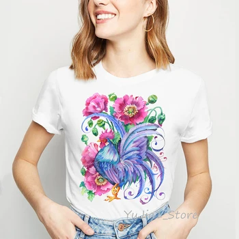 Akvarelė Gėlės Mėlyna / Vandens Gaidys marškinėlius moterims kawaii drabužius gyvūnų spausdinti tumblr marškinėliai femme streetwear
