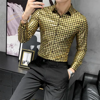Aukštos Kokybės Skaitmeninė spauda ilgomis Rankovėmis Marškinėliai Vyrams Drabužius 2020 m. Visos Rungtynės Slim Fit Atsitiktinis Biuro Palaidinė Homme Aukso/Sidabro 3XL-M