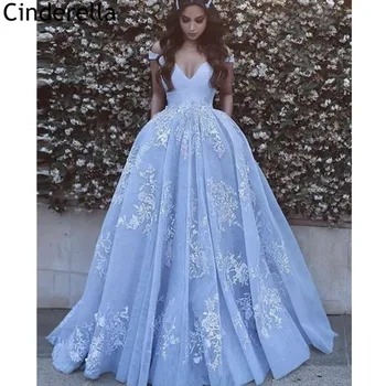 Baby Blue Prom Dresses nuo Peties Grindų Ilgis Valymo Traukinio-Line Nėrinių Aplikacijos Prom Dresses vestidos de fiesta de noche