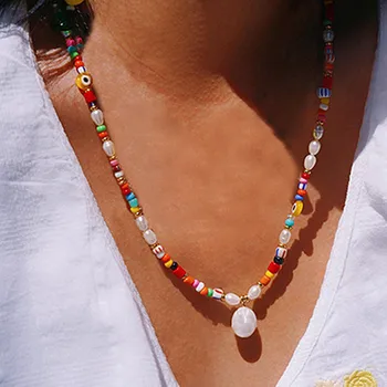 Boho stiliaus natūralių perlų karoliai pakabukas spalvingas ryžių granulių, sumaišoma ir suderinti mados vaivorykštė ilgai drabužių priedai akių necklac