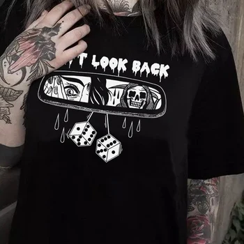 Don ' t Look Back Gotikos Marškinėliai Moterims Skeletas Velnias Siaubo Marškinėlius Atsitiktinis Negabaritinių Trumpas Rankovėmis Tee Helovinas Viršūnes Grunge Drabužiai
