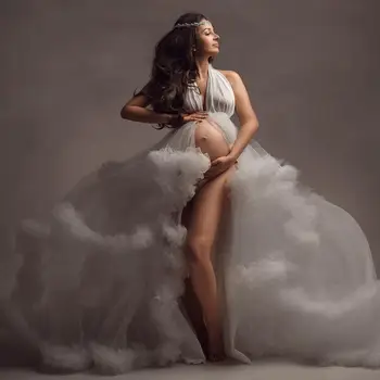Elegantiškos Baltos spalvos Tiulio Pynimas Suknelė Motina ir Dukra Pakopų Plisuotos Ilga Suknelė Moterims fotosesiją Tiulio Motinystės Drabužius Užsakymą