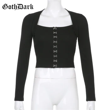 Goth Tamsiai Gotikos Kratinys Cardigan T-Black marškinėliai ilgomis Rankovėmis Velniop Kaklo Moterų Apkarpyti Viršūnes Bodycon Juoda Arba Balta Streetwear Tees