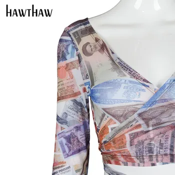 Hawthaw Moteris Rudens-Žiemos Ilgomis Rankovėmis Varpo Rankovės Doleris Spausdinamas V Kaklo Trumpas Topai Marškinėliai 2020 M. Rudenį Drabužių Streetwear