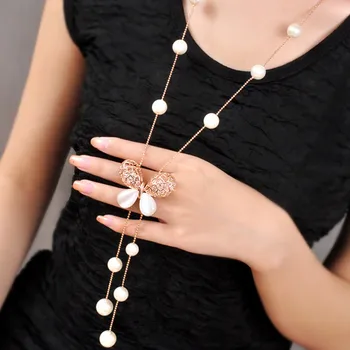 Imituojamas Perlų Vėrinį Su Drugelio Pakabukas Korėjos Bižuterijos, Aukso Granulių Grandinės Ilgio Karoliai Moterų Bijoux Collier Perle