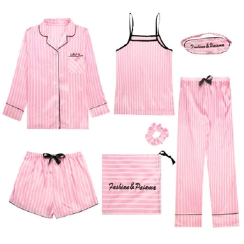 Išlikęs Šiluma Moterų 7 Gabalus Pižama Rinkiniai Dirbtiniais Šilko Dryžuotas Pyjama Moterų Sleepwear Rinkiniai Pavasarį, Vasarą, Rudenį Saldus Homewear