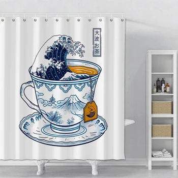 Japoniško stiliaus Baltos spalvos Dušo Užuolaida Spausdinami Vandenyno Bangų Vonios kambarys Poliesteris Dušo Užuolaidos Su Kabliukais Vandeniui Dušo Užuolaidos