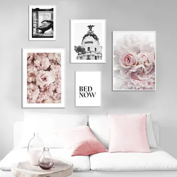 Juoda Balta Moteris Mados Plakatas Šiaurės Pink Gėlių Sienos Menas Drobė Spausdinti Fotografija, Tapyba Mergina Miegamojo Puošmena