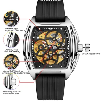 Juoda Mechaniniai Laikrodžiai Vyrams Sportiškas Gumos Juosta Mens Laikrodis Mados Skaidrus Tuščiaviduriai Automatinis laikrodis relogios masculinos