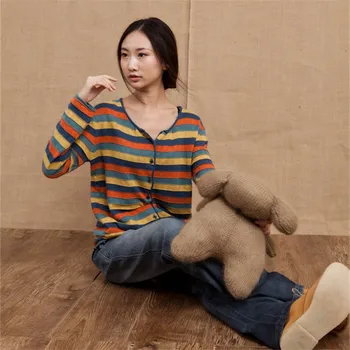 Korėjos Naujai Plonas Ponios Megztinis Pavasario Mados Dryžuotas Moterų susagstomi megztiniai ilgomis Rankovėmis V-kaklo, Medvilnės Megztiniai 63966